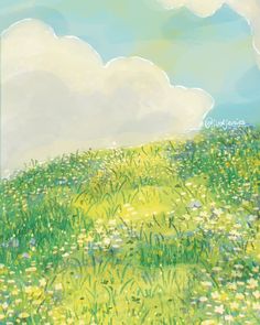 a painting of a grassy hill with flowers and clouds