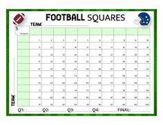 the football squares calendar is shown in green and white