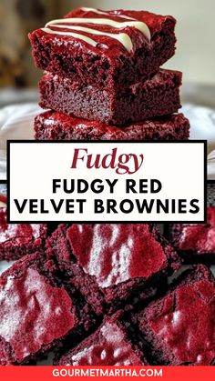 fudgy red velvet brownies stacked on top of each other