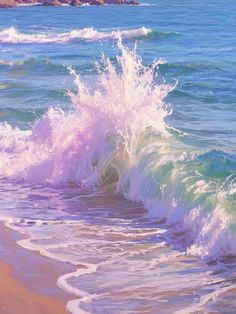 a painting of waves crashing on the beach