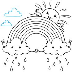 a drawing of a rainbow with clouds and rain