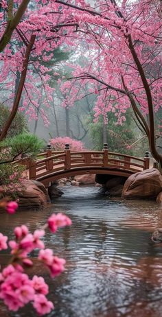 a bridge that is over some water with pink flowers