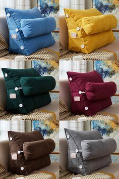 pillows with buttons on them sitting on a chair