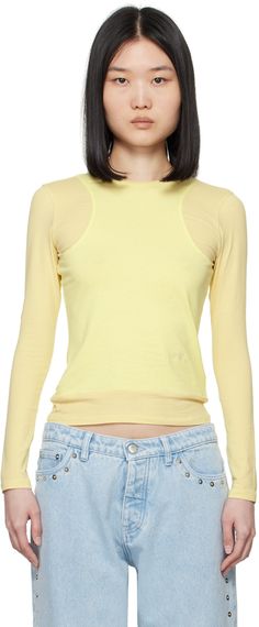 Stretch organic cotton jersey T-shirt. · Layered construction · Crewneck · Logo embroidered at front Supplier color: Pastel yellow Fall Yellow Cotton Tops, Yellow Cotton Tops For Fall, Yellow Long Sleeve T-shirt For Spring, Fitted Yellow Tops For Layering, Yellow Cotton Spring Tops, Yellow Cotton Tops For Spring, Yellow Cotton Tops For Layering, Yellow Cotton Top For Layering, Yellow Stretch Cotton Top