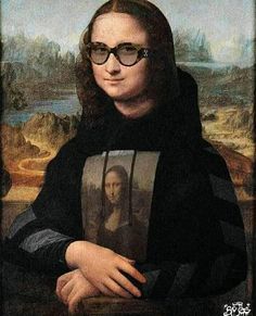 a painting of a woman wearing glasses and holding a book in her right hand with the image of jesus on it