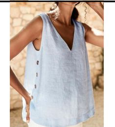 Light Blue V-neck Top For Vacation, Light Blue V-neck Tank Top For Summer, Casual Light Blue Sleeveless Blouse, Sleeveless Light Blue Tops For Vacation, Light Blue Sleeveless Blouse For Vacation, Button Vest, Vest Tops, Loose Tank Tops, Sleeveless Tshirt