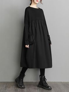 Sku CY-!96828 Material 50%Cotton , Polyester Style Loose , Long Sleeves Feature Split-joint , Solid Color Occasion Casual , Simple Seasons Spring , Autumn Type Midi Dresses Color BLACK Size L,XL Please consult the size chart we provide for this item's measurements to help you decide which size to buy.Please note: There may be 1-3cm differ due to manual measurement. CMINCH Bust Raglan Sleeve Length L 140 65 97 XL 142 67 99 Black Long Sleeve Midi Dress, Neck Wrinkles, Simple Black Dress, High Waist Dress, Summer Fabrics, Long Sleeve Midi, Mode Inspo, Long Sleeve Midi Dress, Solid Dress