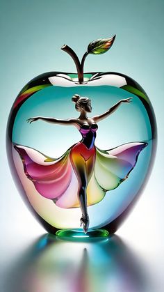 an apple with a ballerina figure in the middle of it's glass bowl