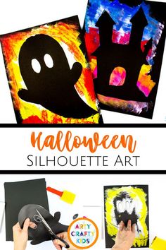 halloween silhouette art project for kids to make with melted paint and black paper on top