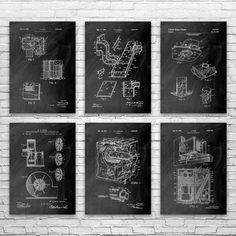 four black and white drawings on a brick wall with the words,'engine diagram '