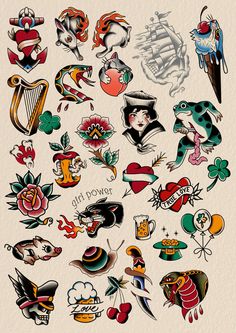 Matching Tattoos Old School, Old School Matching Tattoos, Old School Tattoo Color, American Traditional Animals, Old School Animal Tattoo, Small Tattoo Flash, Small American Traditional Tattoo, Traditional Tattoo Arm, Small Traditional Tattoo