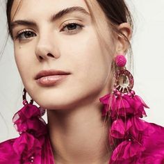 Beautiful Chiffon Petals Beaded Long Tassel Earrings In Fuschia Color Elegant Beaded Earrings For Summer Wedding, Summer Party Beaded Jewelry, Elegant Spring Beaded Earrings, Bohemian Earrings For Spring Party, Bohemian Spring Earrings For Party, Elegant Beaded Earrings For Summer Party, Elegant Pink Beaded Earrings For Party, Bohemian Earrings For Evening, Bohemian Jewelry For Spring Party