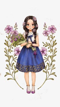 a drawing of a girl holding flowers in her hands and wearing a blue dress with purple trim