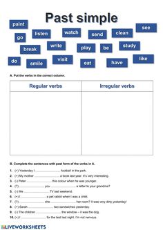 the past simple worksheet is shown in blue and white with words on it