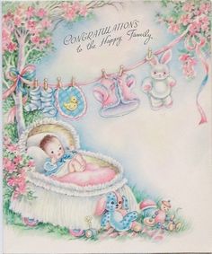 a greeting card with a baby in a crib and teddy bears hanging from the clothes line