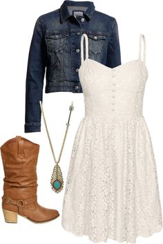 country summer, created by lindsay-bennett on Polyvore Cream Country Wedding Dress, Boho Denim Jacket Outfit, Denim And Lace Outfits, White Dress With Denim Jacket, Mode Rockabilly, Real Cowgirl, Jeans Wedding, Boots Long