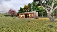 an artist's rendering of a small cabin in the middle of a grassy field