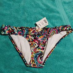 Volcom Full Coverage Bikini Bottom Size Small Brand New W Tags And Hygiene Liner. Fiesta Pink Walkabout Colorful Print W Roughed Sides. Swim Suit Bottoms, Tags, Green, Pink