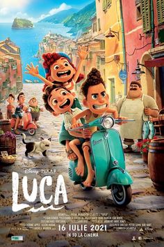 an advertisement for the animated movie's animation film, luca with three children on a scooter