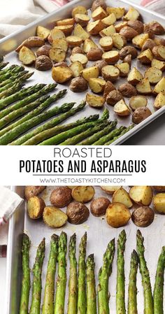 roasted potatoes and asparagus on a baking sheet with text overlay that reads roasted potatoes and asparagus