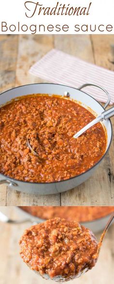 a bowl of chili sauce with the words traditional bolognaese sauce above it