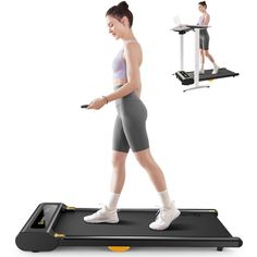 a woman is walking on a treadmill and using the machine to do exercises for her