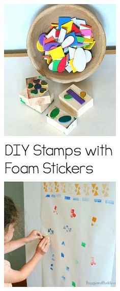 kids are doing crafts with foam stickers on the wall and in front of them