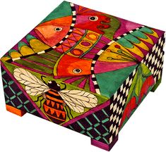 an artisticly designed box with colorful designs on the front and sides, featuring bees