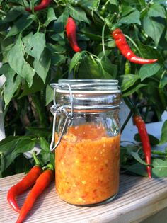 a jar filled with red peppers sitting on top of a wooden table next to green plants