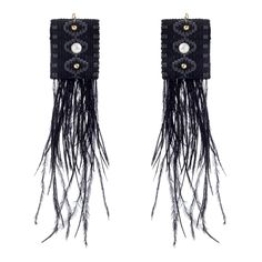 Handmade black earrings made from woven textile ribbon and black ostrich feathers. They are embroidered with white pearls. Everything is threaded by hand! These earrings are lightweight! The inspiration for these original earrings comes from my Greek heritage and the 1920s fashion. These unique earrings are perfect for women who want stand out of the crowd . You can match them with a white simple shirt or a little dress. They are the perfect  gift for her! DETAILS * Length 5.9 inches / 15 centimeters * Feathers length 3.9 inches/ 10 centimeters * Width 1.57 inches / 4 centimeters * Options of earring closure: stainless steel ear wire or stainless      steel ear posts. CARE TIPS *Do not wear your handmade jewelry while exercising. *Remove your jewelry when swimming, sunbathing and showering Bohemian Black Feather Earrings, Elegant Black Handwoven Beaded Earrings, Elegant Handwoven Black Beaded Earrings, Bohemian Fringe Earrings For Evening, Elegant Woven Earrings For Party, Textile Earrings, Ostrich Feathers, Simple Shirts, Bohemian Earrings