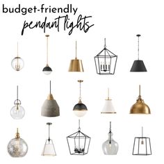 a bunch of different types of lights hanging from the ceiling with text that reads budget - friendly pendant lights