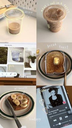 various pictures of food and drinks on a table