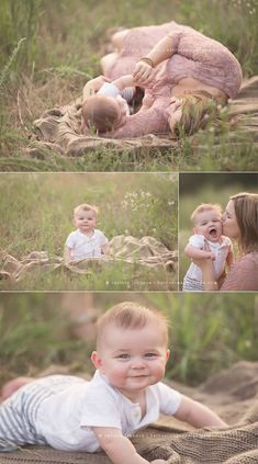 a baby laying on the ground with his mother