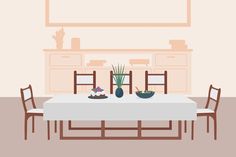 a dining room table with chairs and a potted plant on the table in front of it