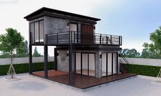 a rendering of a small house with a balcony and balconies on the second floor