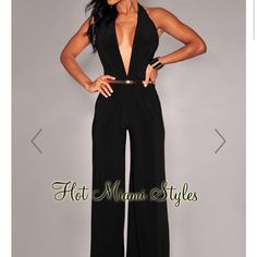 Deep V Cut, Halter, Low Back, Back Zipper, Wide Leg, Worn Twice, Belt Never Used Sleek Black Jumpsuits And Rompers For Party, Sleek Black Jumpsuits For Night Out, Chic Black Jumpsuits And Rompers For Night Out, Belted Jumpsuit, Belt Jumpsuit, Hot Miami Styles, Miami Fashion, Cute Rompers, Diva Fashion