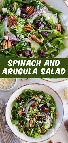 spinach and arugula salad on a white plate with pecans in the background