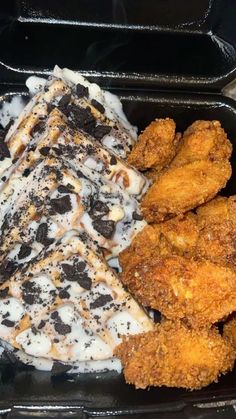 chicken wings and ice cream in a black container