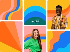 two people standing next to each other in front of colorful background with the words cordial