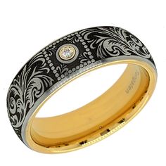 two tone gold and silver wedding band with diamond inlays, hand engraved on the inside