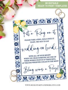 a blue and white floral printable wedding card with the words, free to print on it