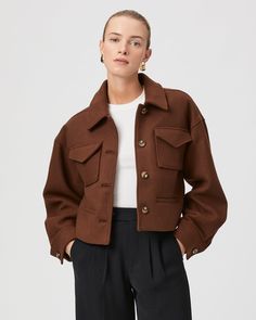 Crafted from a soft, structured wool blend fabrication in a dark brown hue, this boxy cropped jacket is designed with a button front, double patch and welt pockets. | Ashtyn Jacket - Cappucino Cappuccino | Size Large Men Store, Wool Blend Jacket, Belted Jacket, Denim Trends, Brown Jacket, Weekend Outfit, Cropped Jacket, Outerwear Sweater, Women Clothing Boutique