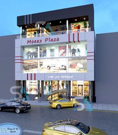 an artist's rendering of a modern building with cars parked in front and on the street