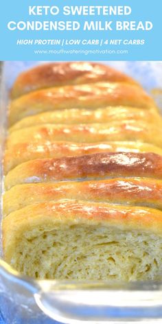 The softest, fluffiest gooey, sweet pull-apart keto bread. This Keto Sweetened Condensed Milk Bread is so unique and makes for a perfect low carb breakfast or keto dessert. The bread itself is golden brown. It contains keto sweetened condensed milk you can easily make at home and then is topped with a sweetened condensed milk glaze..it's delicious even without butter! Keto Butter Bread, Gluten Free Condensed Milk Bread, Keto Turkish Milk Bread, Keto Sweetened Condensed Milk Bread, Keto Condensed Milk Recipes, Keto Sweetened Condensed Milk, Keto Milk Bread, Low Carb Pastries, Homemade Keto Bread Recipes