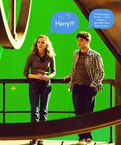 two people standing in front of a green screen with the words harry written above them