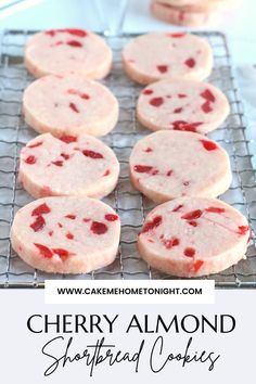 cherry almond shortbread cookies on a cooling rack with the words cherry almond shortbread cookies