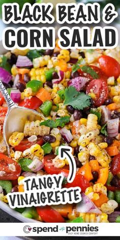 black bean and corn salad in a white bowl with a spoon on the side text reads,'black bean & corn salad 5 tangy vinaikette '