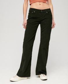 Womens - Low Rise Cord Flare Jeans in Surplus Goods Olive Green | Superdry UK High Waisted Cropped Jeans, Flared Trousers, Flare Trousers, Petite Jeans, Low Rise Jeans, Black Wrap Dress, Summer Maxi Dress, Retro Vibe, Workwear Dress