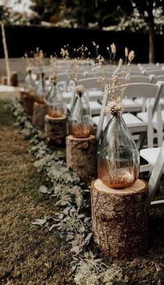 the chairs are lined up with vases filled with flowers and greenery on them