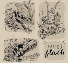 four different types of tattoos with skulls and flowers on them, including an alligator head